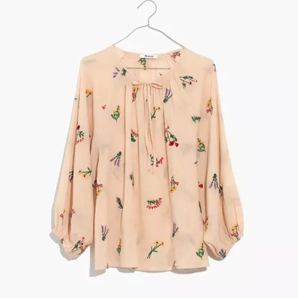 Madewell Botanical Embroidered Tie-Neck Peasant Top
